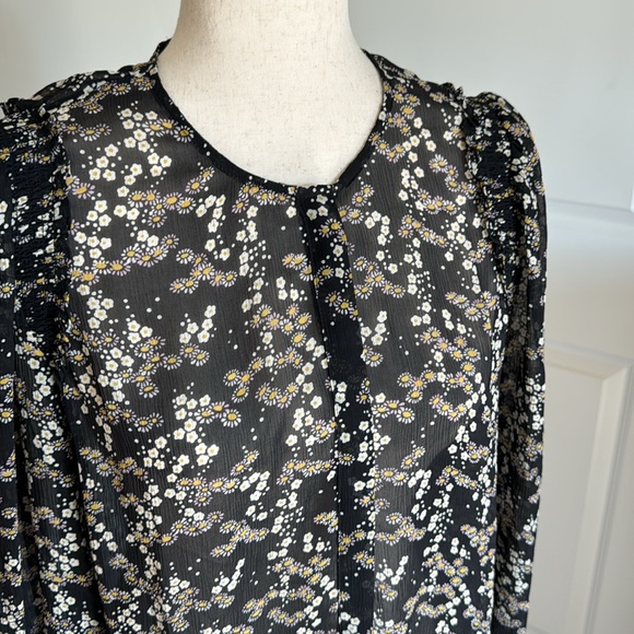 Paige Ambrosine Silk Blouse Black Yellow White Floral Sheer button down small - Picture 4 of 13